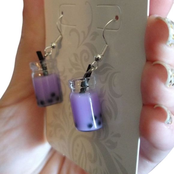 Purple Boba Tea Drink Jar Hypoallergenic Silver Fishhook Earrings Bubble… - Picture 2 of 6